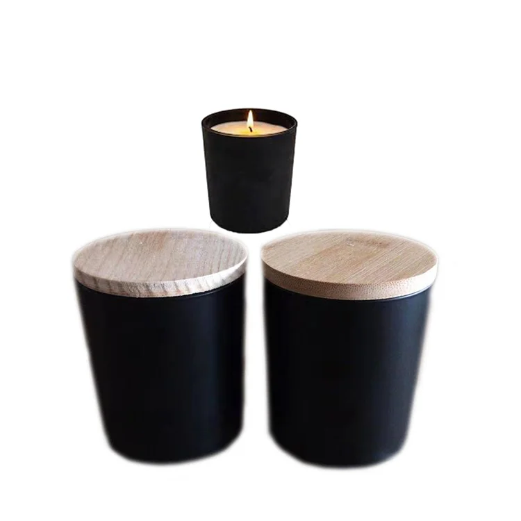 8 oz 10oz 12oz 8oz 10 oz Black Matte Candle Glass Jars Empty Frosted Container With Wooden Lids