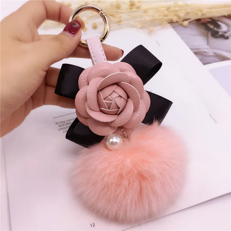 New Korean Style Bow Camellia Key Holder Pendant Flower Shape Keyrings with Fox Fur Ball (KC296C)
