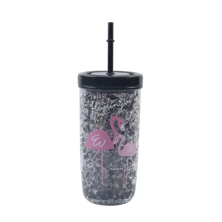 
450ml fresh color plastic PS portable doble wall gel cooled water bottle with straw 