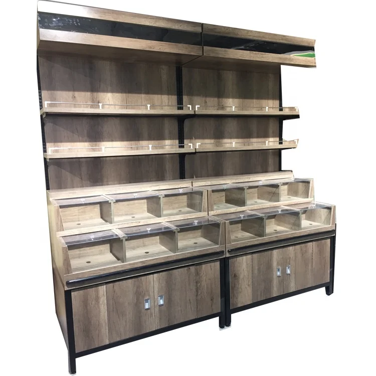 China high quality wood grain metal supermarket high quality multifunctional steel wood shelf