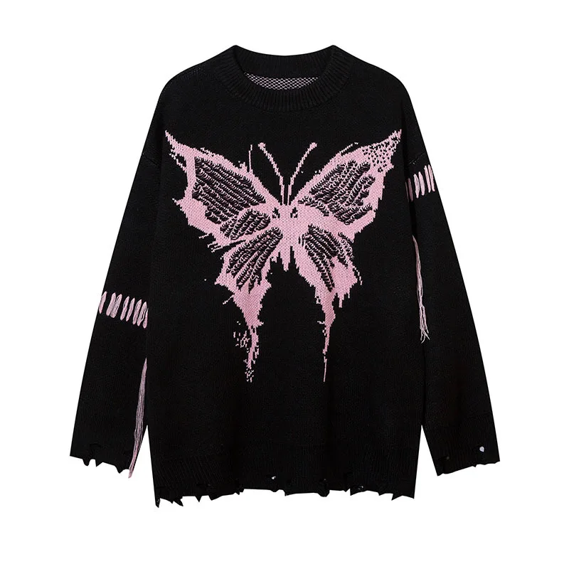 High Quality Autumn and winter Trendy Black Butterfly Jacquard Soft and Waxy Knitted Oversized Couple Sweater
