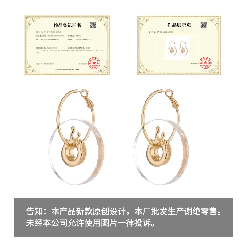 Original Unique Design Women Fashion Jewelry Round Clear Resin Disk Hoop Earring With Gold Melting Metal