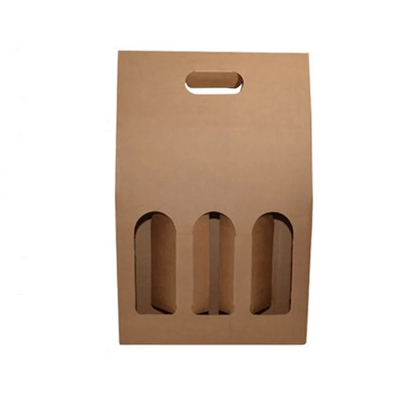 Eco-friendly custom logo design 1/2/3/4 pack wine carrier box brown kraft paper bottle holder for wine with handle