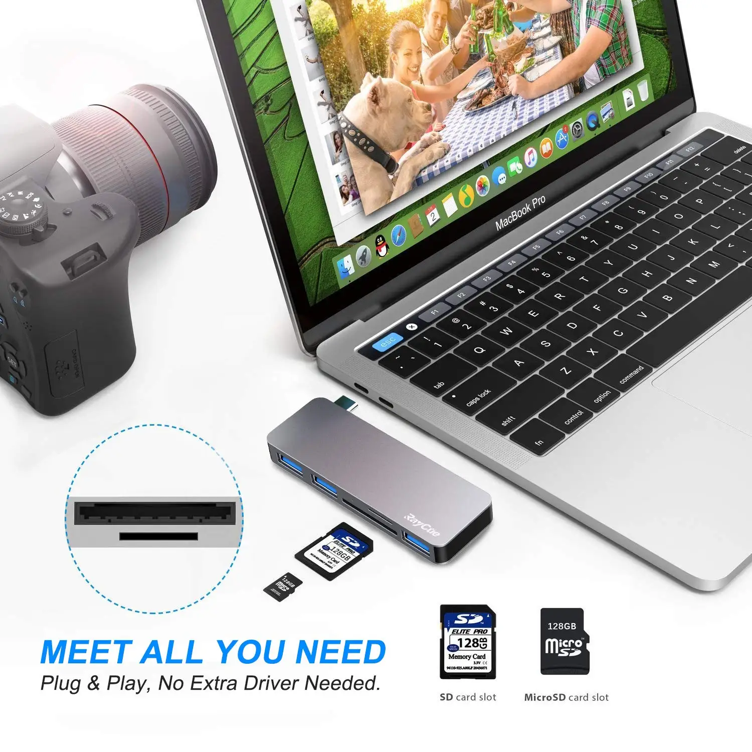 
Raycue 5 in 1Type C Hub with TF SD Card Reader 3 USB 3.0 Ports USB C HUB Compatible with 2016 2017 2018 Macbook Pro 