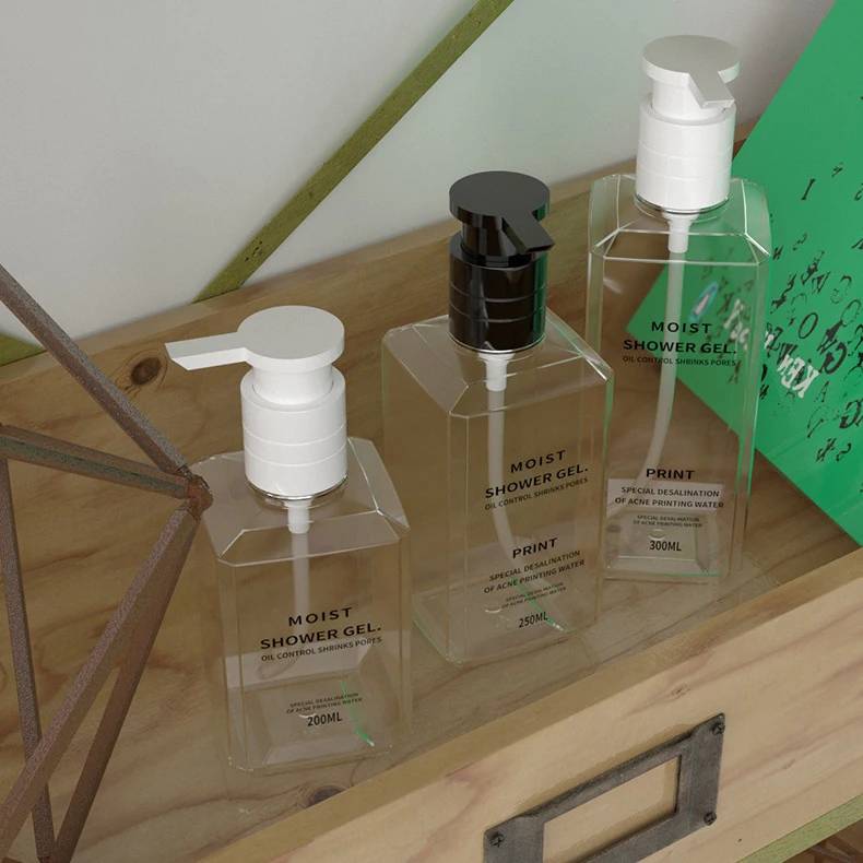 200ml 250ml 300ml 7oz 8oz 10oz PET Square Pump Clear Transparent Flat Lotion Shampoo Bottle 300ml
