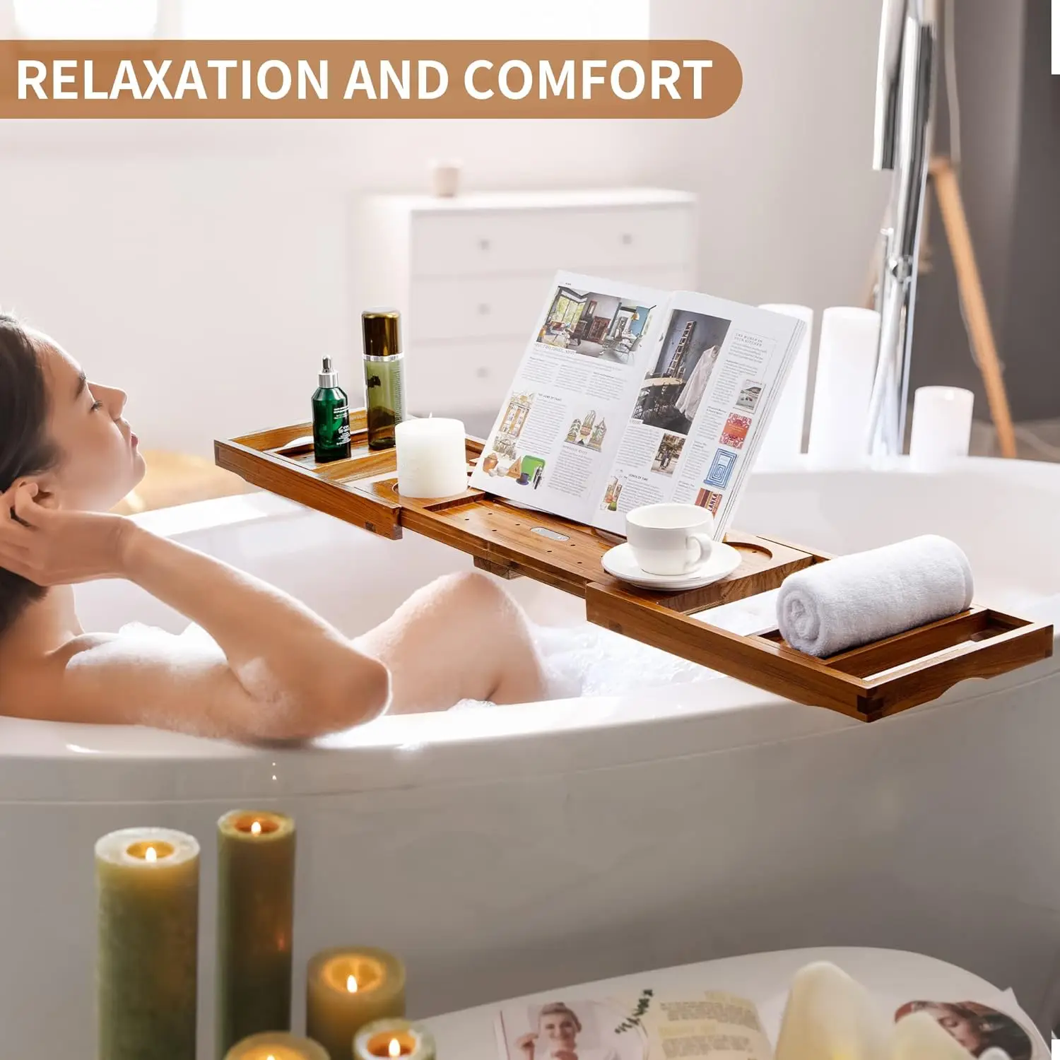 Teak Bathtub Tray Bathtub Caddy for Luxury Bath Foldable Bath Tray Bath Tub Accessories with Extendable Handles Wine Glass