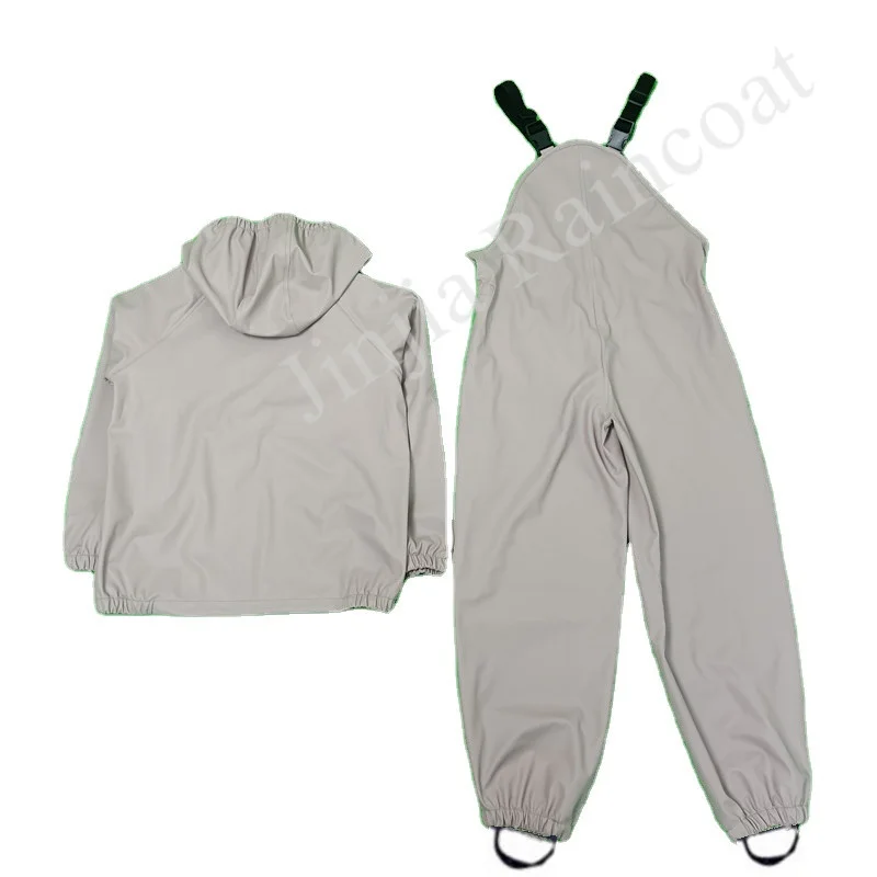 2022 waterproof children boys girls PU recycled rain jacket and trousers set reusable rubber kids pu rainwear