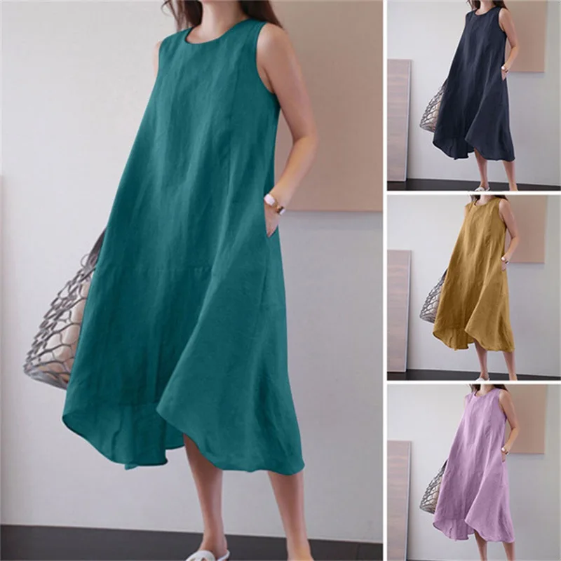 Ladies Solid Color Cotton And Linen Casual Loose Sexy Women Dresses Women Summer Female Clothes Long Dresses