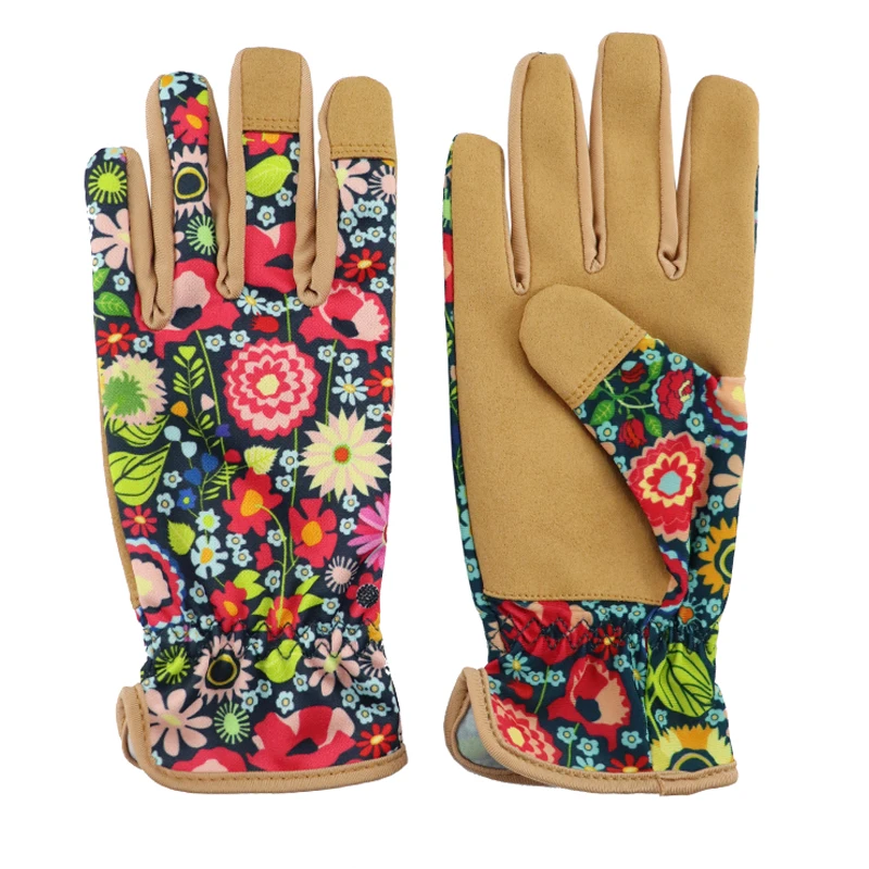 Green Flower Printing Synthetic Leather Women Garden Work Hand Protect Ladies Size Gardening Gloves