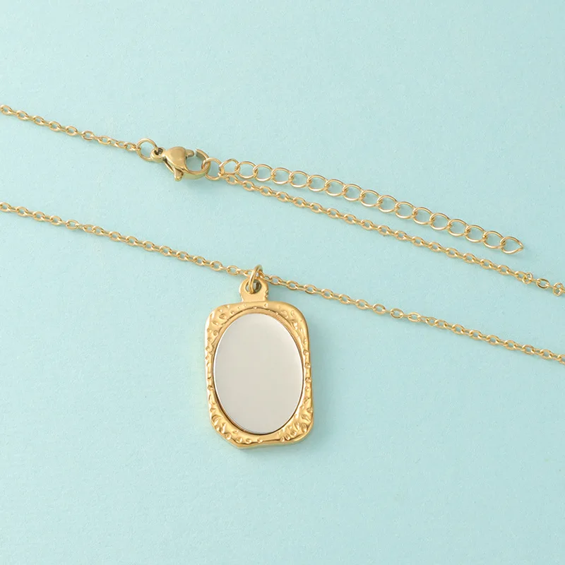 Stainless Steel Engraved Custom Mirror Surface Photo Frame Necklace Vintage Jewelry Square Mirror Surface Pendant Necklace