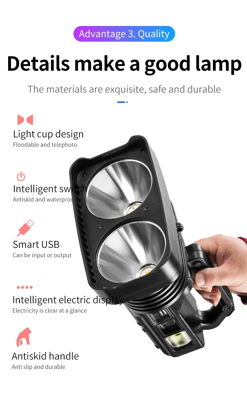 Biggest flashlight Dual Lamp work light Long Range LED Super Bright Flashlight Searchlight Double Head Searchlight