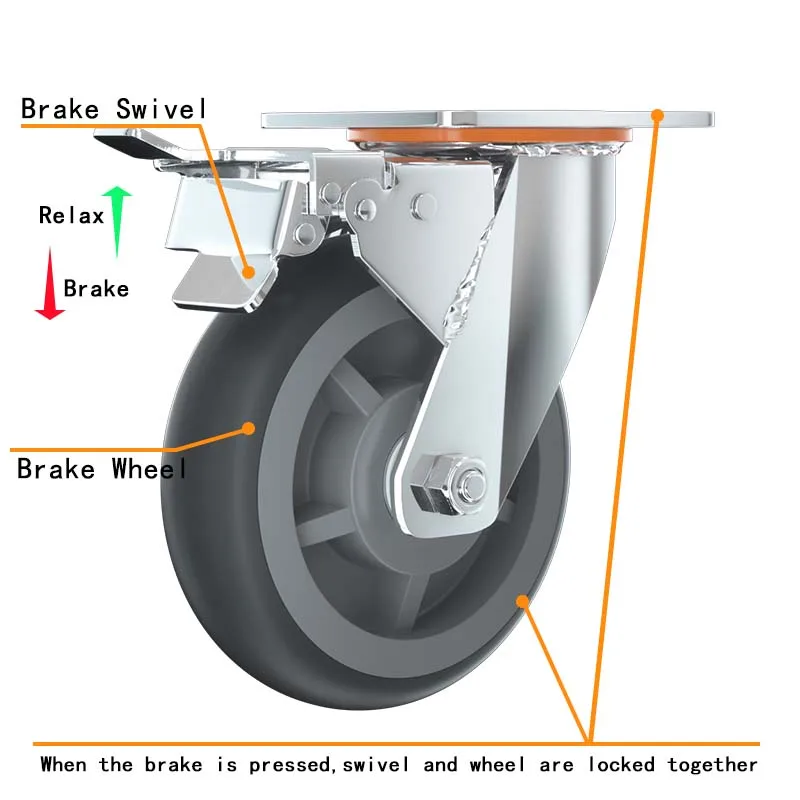 Top Quality 4 5 6 8 Inch Silent TPR Brake Casters 145 165 185 235 mm rubber wheels for hospital cart