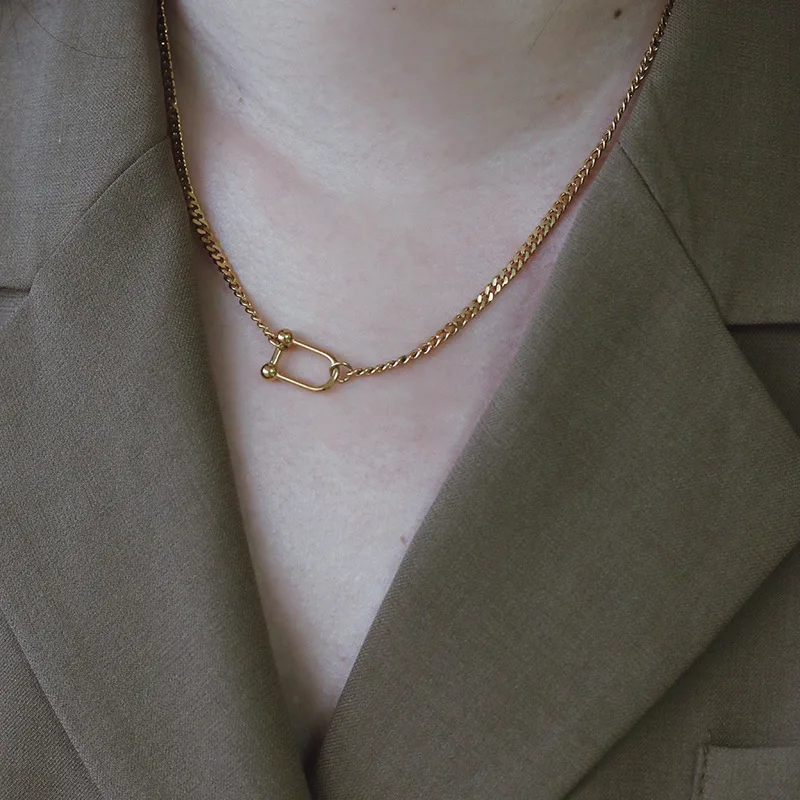 Titanium Steel U Shape Shackle  Horseshoe Buckle Necklace Metal Hoop Locking D-Ring Stainless Steel Cuban Chain Necklace