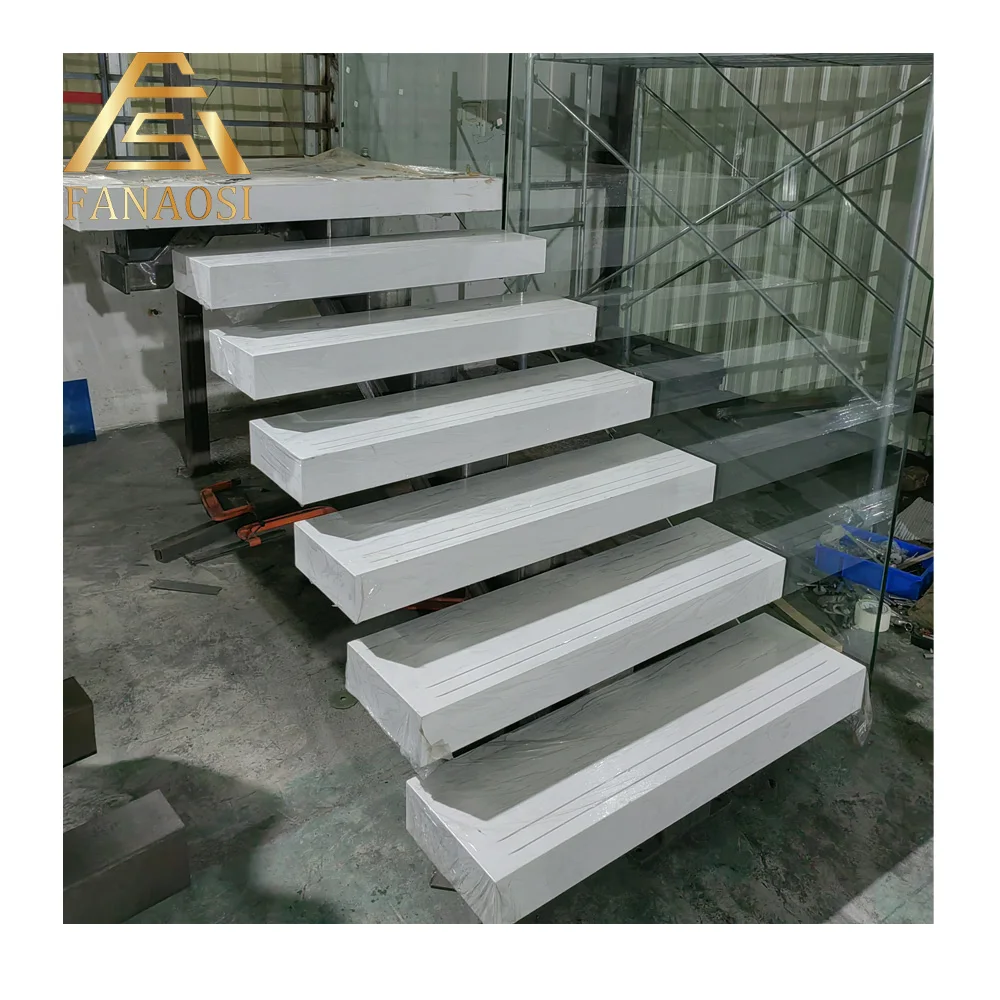 Custom Interior Stone Tread Stairs with Glass Railing Steel Straight Staircases Home for Sale