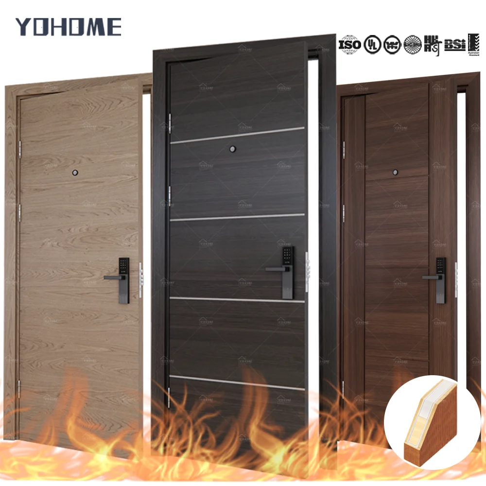 Профессиональная противопожарная дверь Yohome производство сертификация интертек огнестойкая минеральная сердцевина деревянные межкомнатные двери для отеля