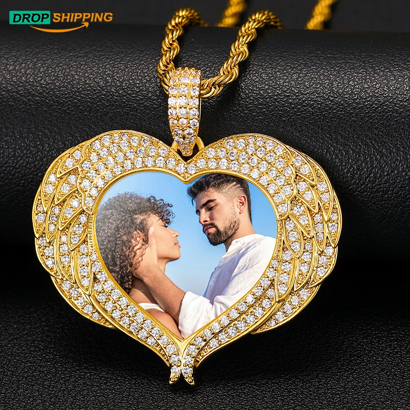 Dropshipping New Arrival Lovers Gift Gold Plated Copper CZ Diamond Iced Out Heart Wing Custom Photo Pendant Necklace
