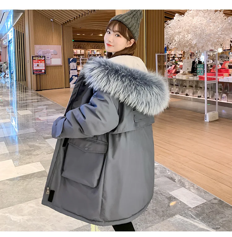 Зимняя пуховая куртка из хлопка, новинка, теплое Женское пальто средней длины с большим меховым воротником и подкладкой для теплых женщин