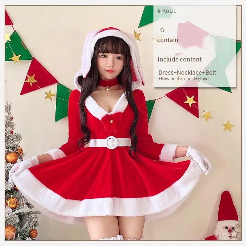 Santa Claus dresses up in Christmas clothes red cute bunny rabbit long sleeved dress