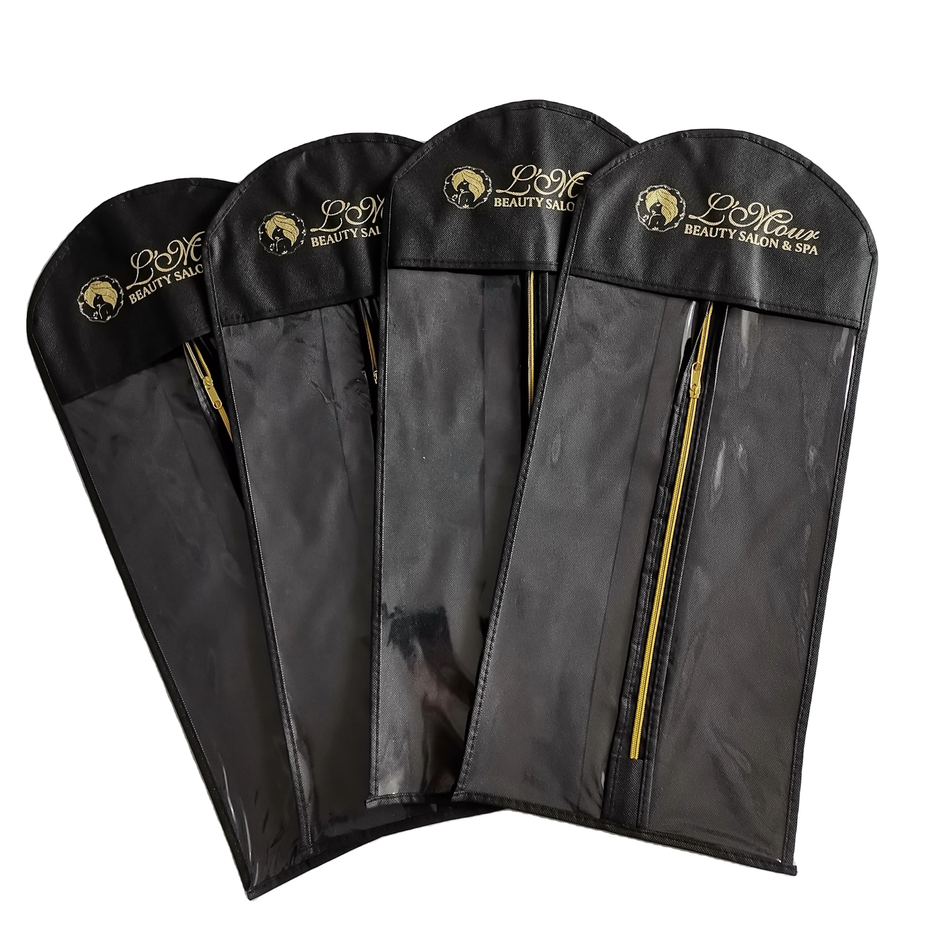 custom logo brand set wooden black clothes hanger Wig storage bag custom wood hair extension hanger