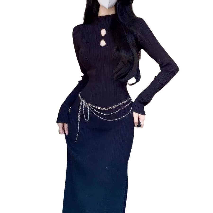 2024 Autumn/Winter hot temperament fashion simple semi-high neck slim sexy hollow casual party commuter knit dress