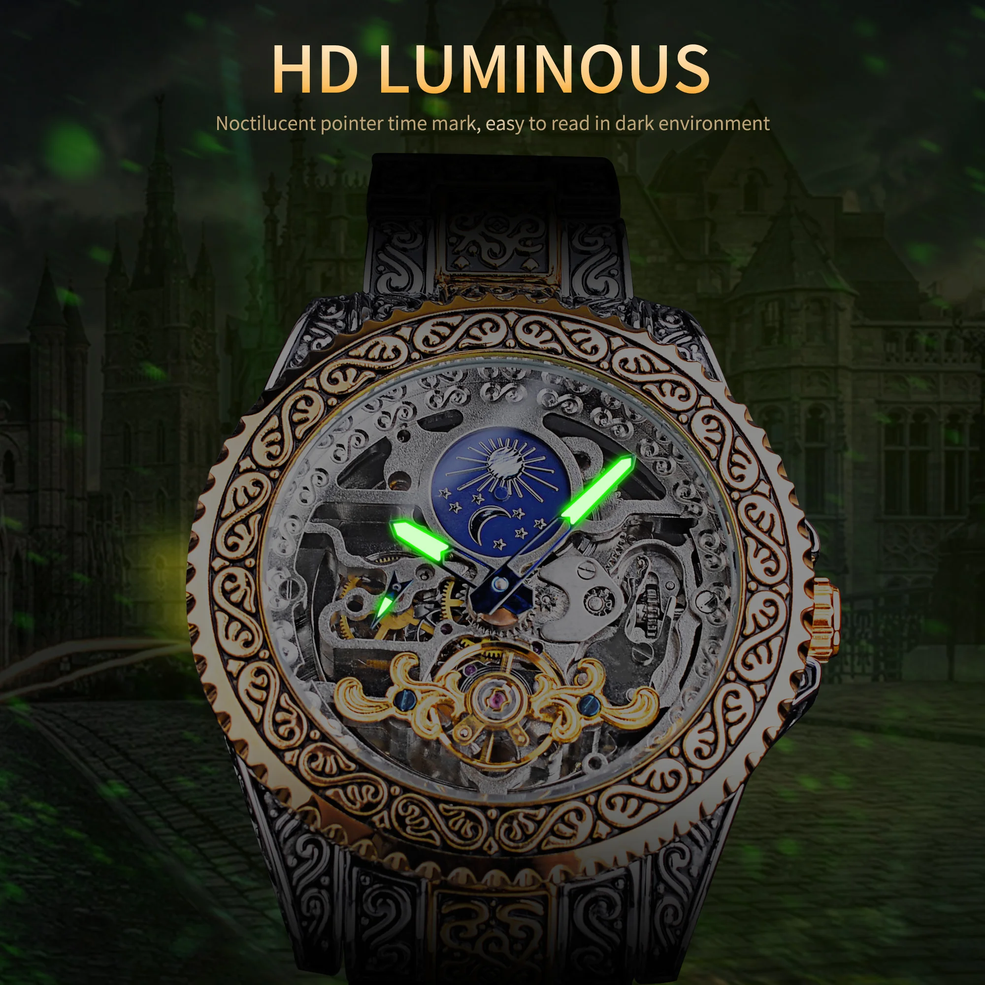 Transparent Mechanical Watch Forsining Watch Tourbillon Skeleton Mens Mechanical Watches Men Wrist Luxury Engraved Vintage Moon