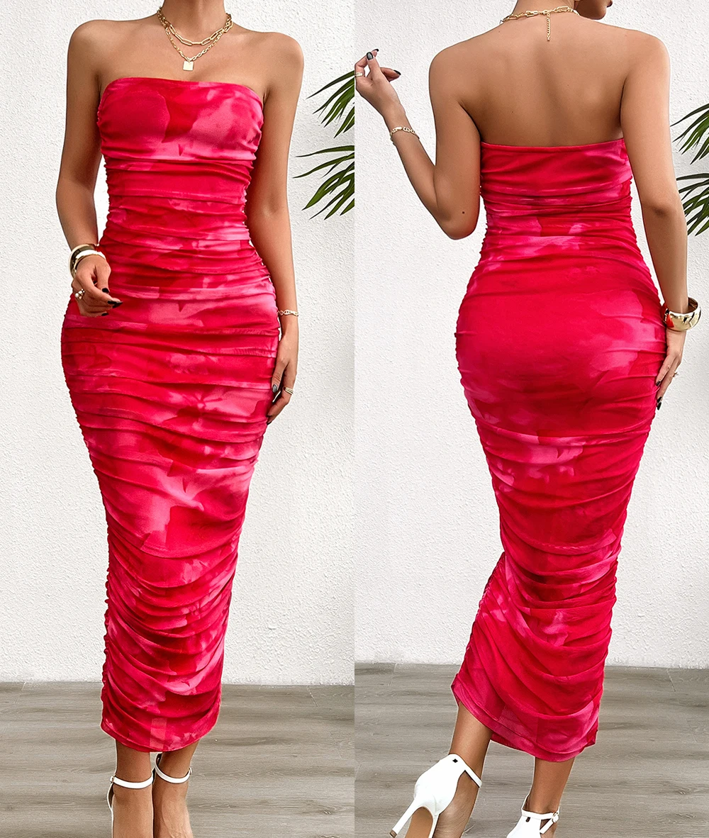 2024 Fashion New Pleated Bodycon Tube Dress Ladies Long Bandage Dresses for Women Elegant Wholesale