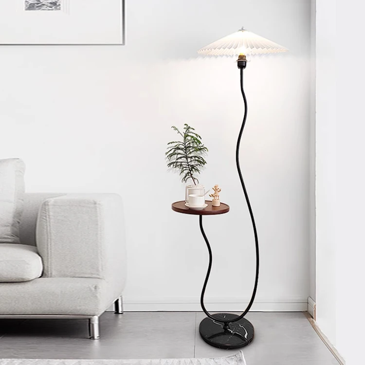 Led Decorative Black Standing Floor Light With Table Marble Base Iron Fabric Shade Dimmable Morden Floor Lamp For Living Room