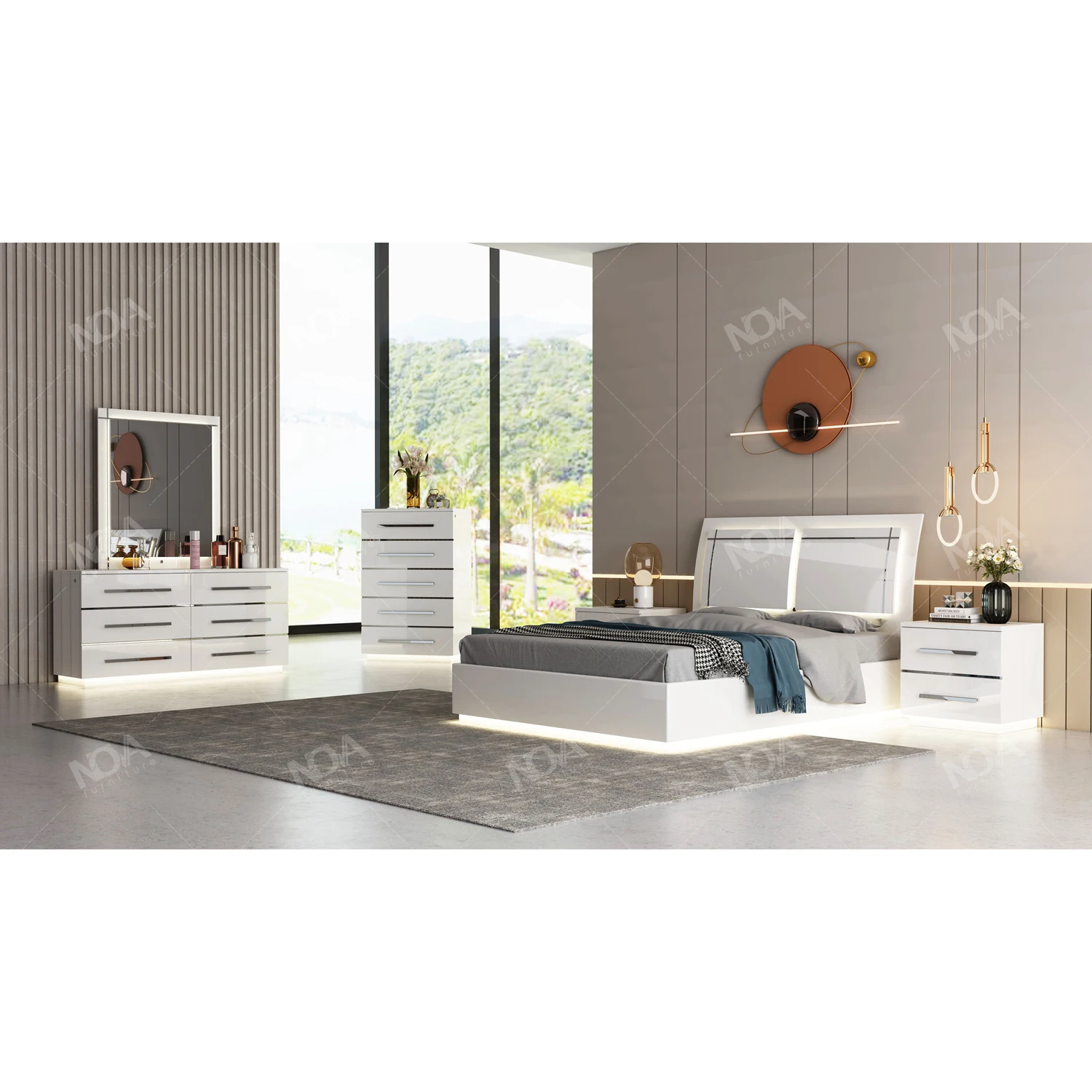 NOVA White Lighted Headboard Queen King Size Bedroom Set High Gloss Painting Modern Luxury Bedroom Furniture Set