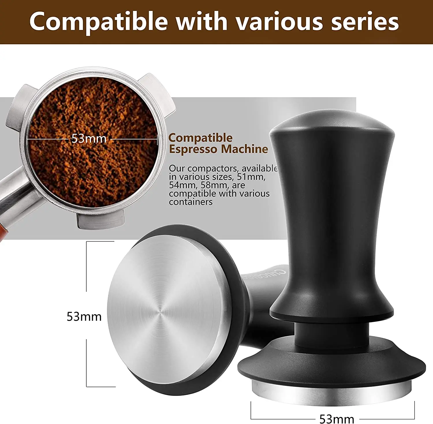 Cafe Accessories Coffee Tamper Coffee Distributor Adjustable Depth Stainless Steel 51MM 53MM 58MM Black Silver Gold Customize