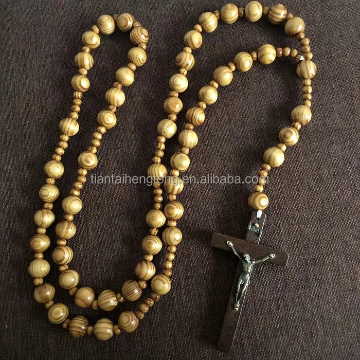 Giant Big Beads Rosario Natural Wood bead Chain Jesus Cross faux olive wood bead oversized Wall rosary