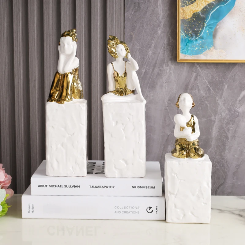 Girl Statue Golden Dress Ceramic Craft Art Ornament Art Figurine Home Decoration