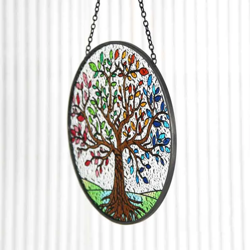 Tree of Life Stained Glass Suncatcher Colorful Leaves Window Wall Hanging Ornament Hand-Painted Glass Panel Decor