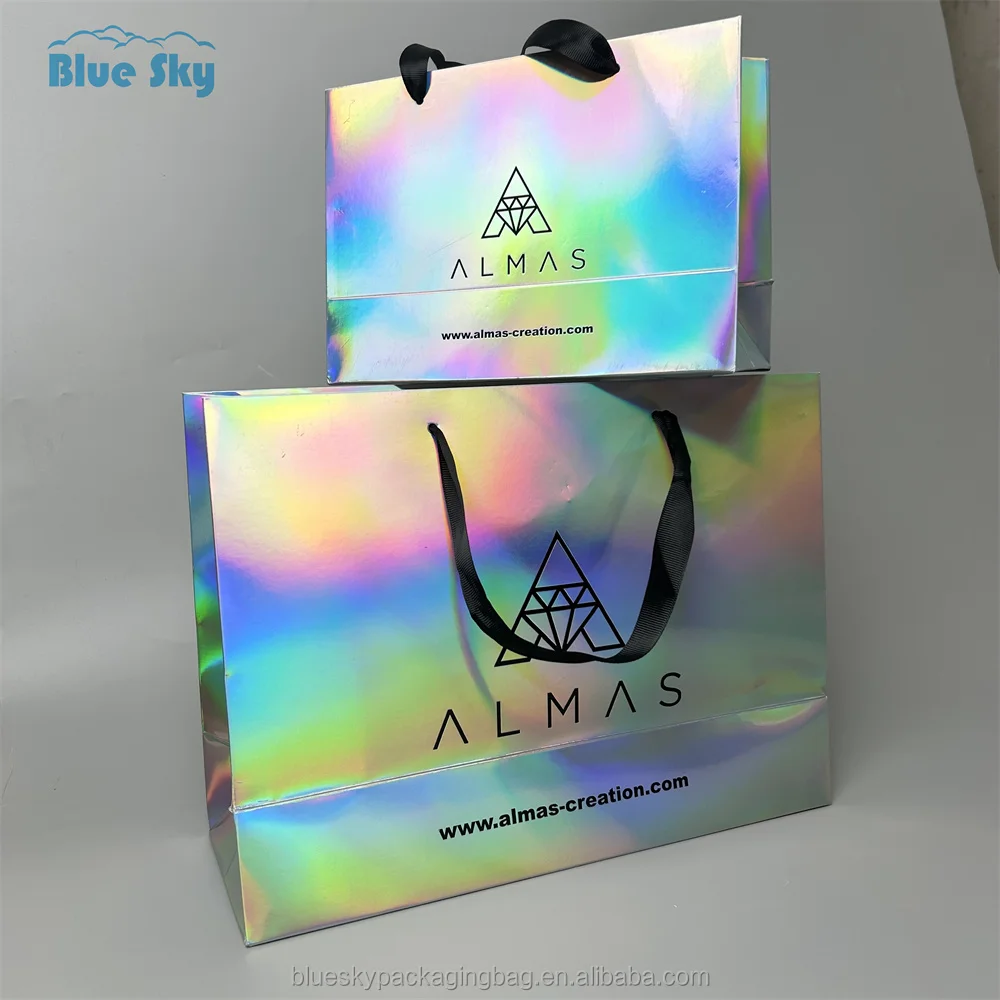 China Hot Sale Manufacturer Holographic Valentines Day Cosmetic Packaging Slim Luxury Shopping Gift Paper Bag