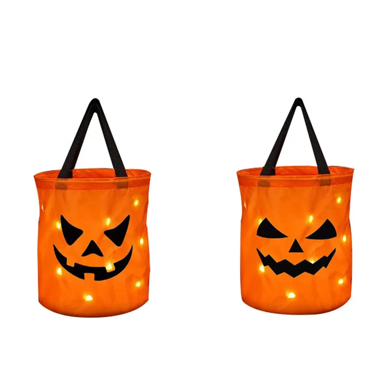 Trick or Treat Led Candy Bags Buckets Halloween Spooky Ghost Spider Reusable Felt Cloth Candy Bag For Kids LED Night Light