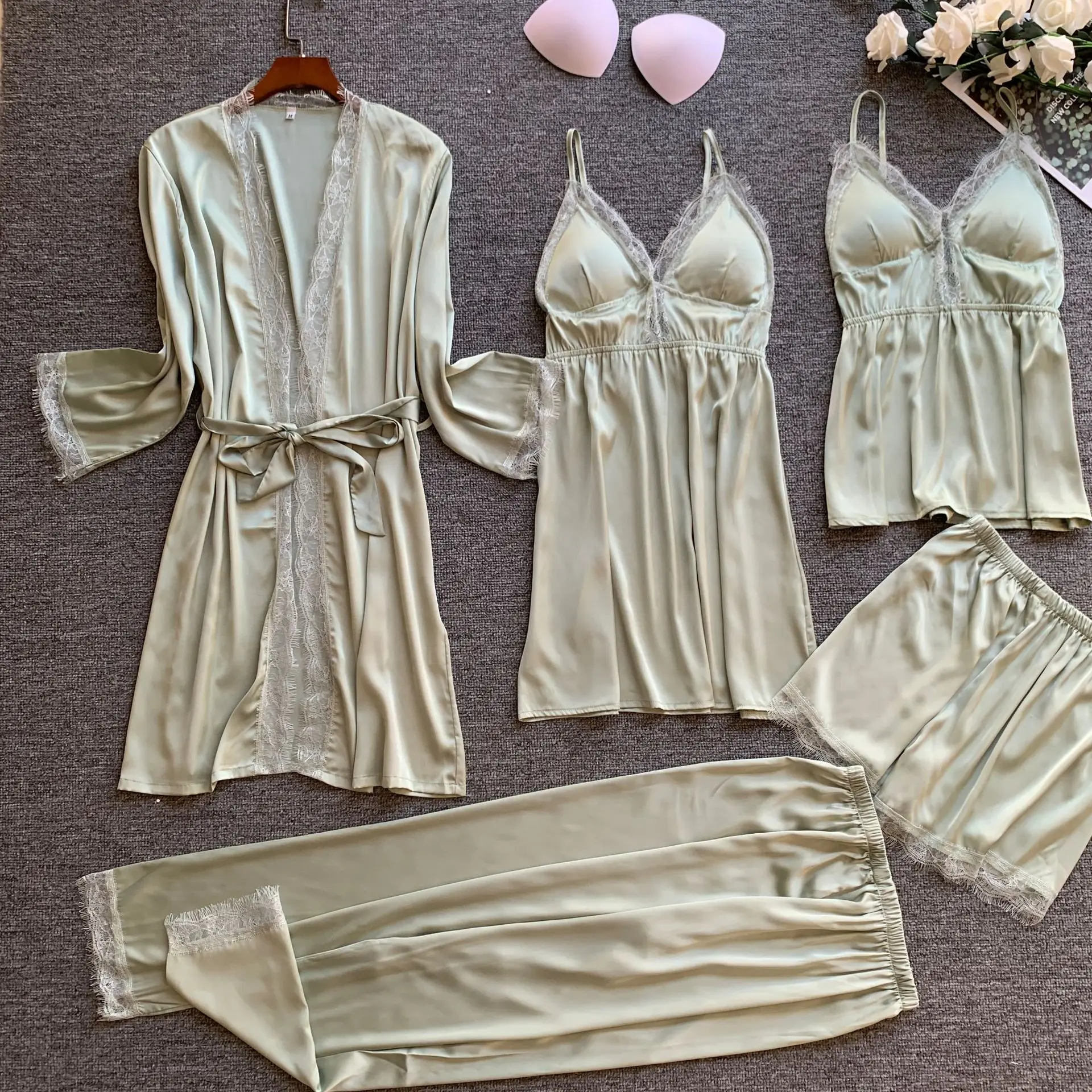 NEW ARRIVAL wholesale 5 piece Satin Robe sets sexy lace babydoll for women summer lingerie Silky cami pajama set