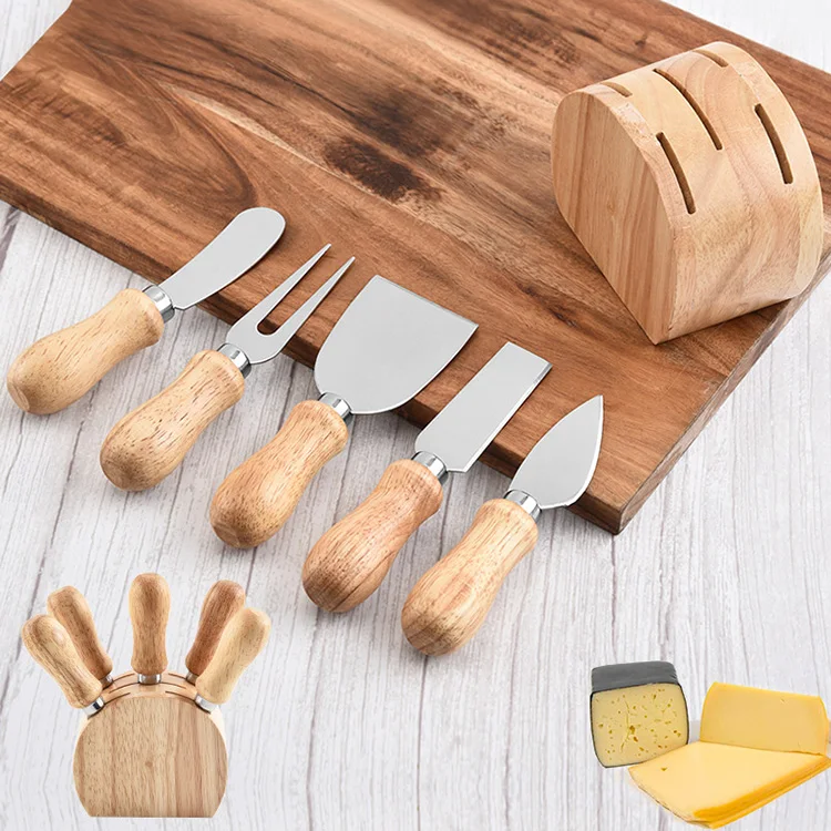 China Factory Yangjiang Stainless Steel 5 Piece Cheese Knife Set with Wood Block