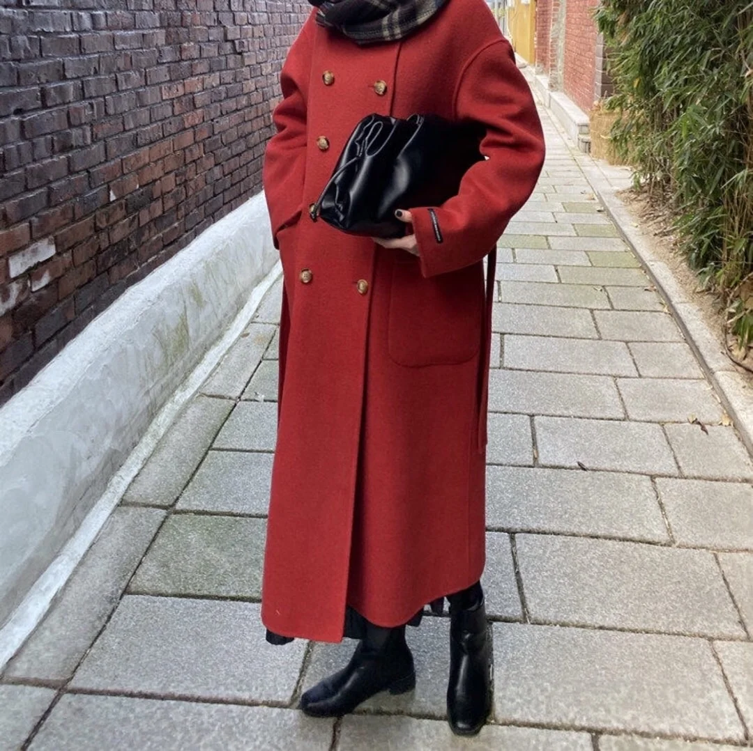 Classic Wool Coats Women Overcoat Cashmere Wool Full Length Coat With Belt Ladies Cashmere Jacket