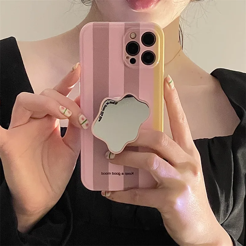 Cool Mirror Bracket For IPhone 12/11/14 Pro Max Stripe Anti Falling For Girls Mobile Phone Case XR For Apple XS/7/8 plus/13Pro