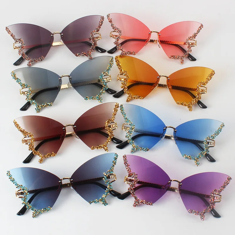 2024 Women Custom Logo Shades Sunglasses Diamond Butterfly Sunglasses 2024 Butterfly Rhinestone Sun Glasses Women Y2K Eyewear