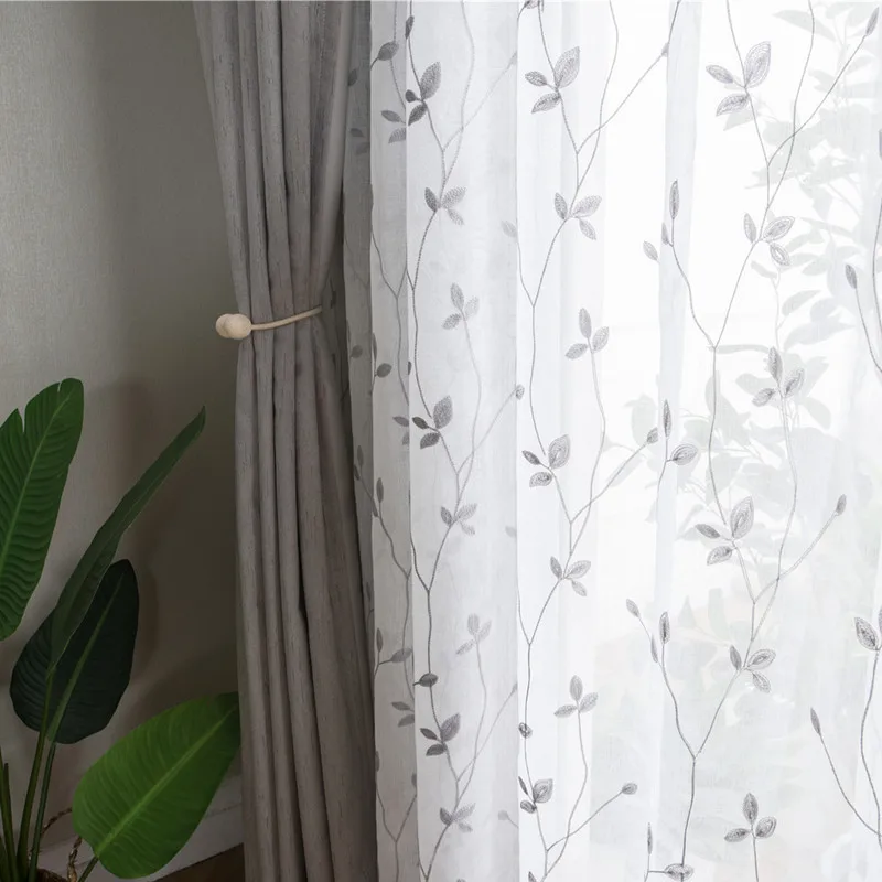 White embroidered window netting Nordic gray curtain solid color foliage curtain simple modern American garden window netting