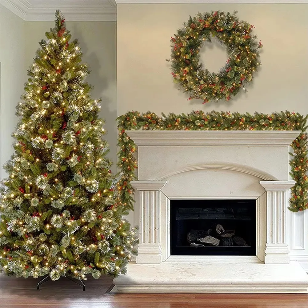 2.7M DIY Christmas Garland Outdoor Artificial Pine Garland Thick Battery Powered 2 Lighting Modes Christmas Red Berry Garland
