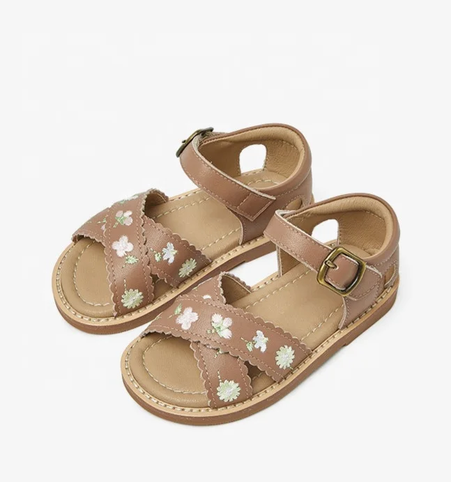 2023 Kids Children Leather Embroidery Flowers Crossed Strap Little Girls Princess Flat Sandals