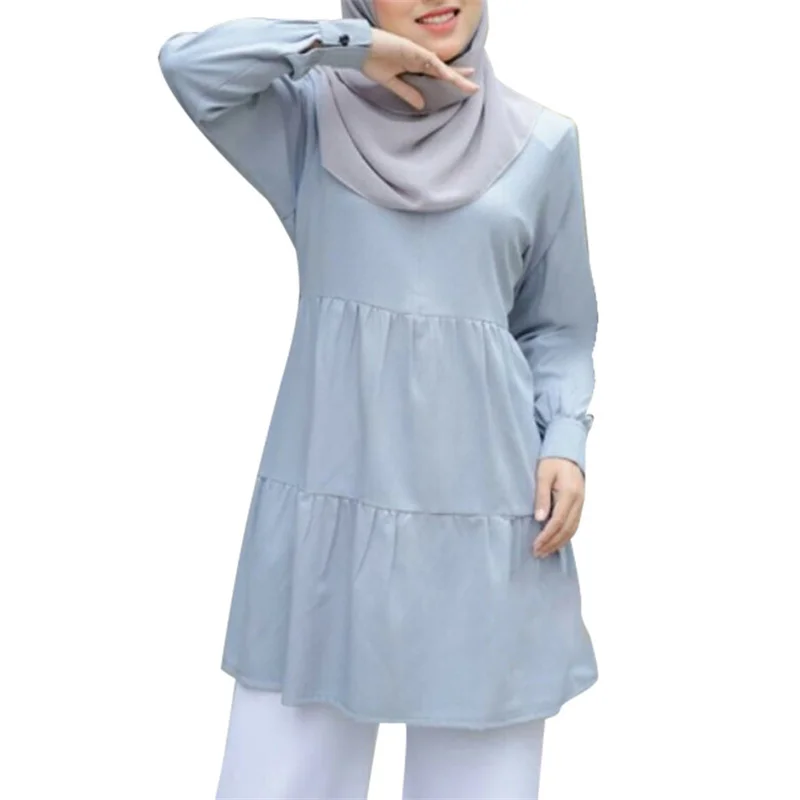 Turkish Islamic Clothing Wholesale Tops For Muslim Women Modest Blouses Shirts Full Casual Woven Long Adults Crew Neck Solid