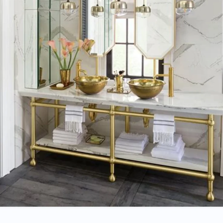 Satin Brass Vanity Sink Console For Antique Brass Faucet And Victoria Style Wash Basin