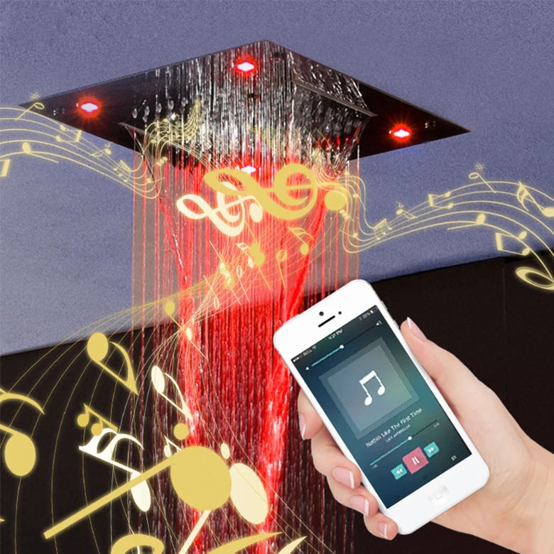 12 inch SUS304 Shower Head Phone Control LED Music Rain Waterfall Misty Ceiling Mounted Bathroom Thermostatic SPA Shower Faucet