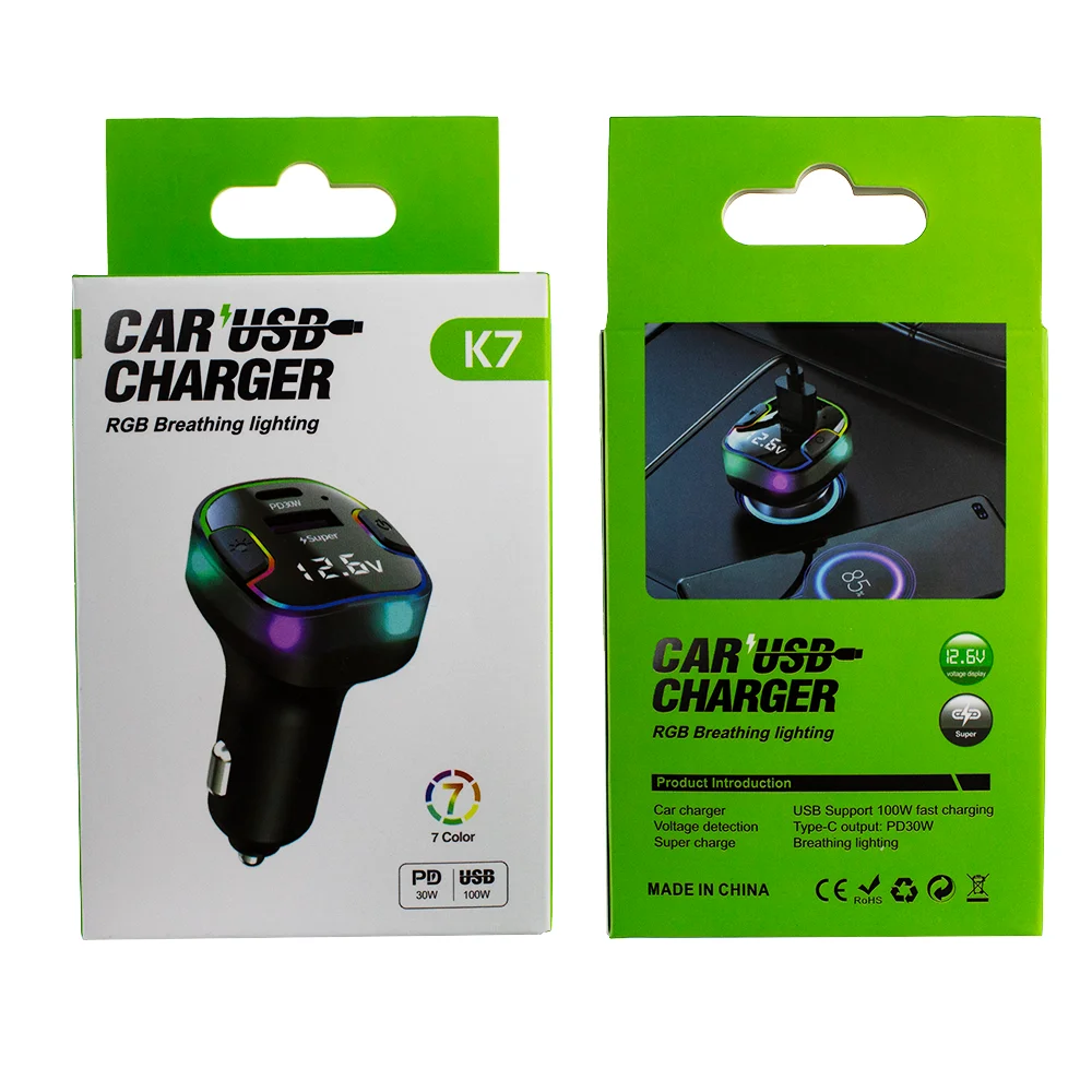 Car charger super fast charging PD 15/30W Type C adapter USB 100W car phone charger with RGB Breathing lighting