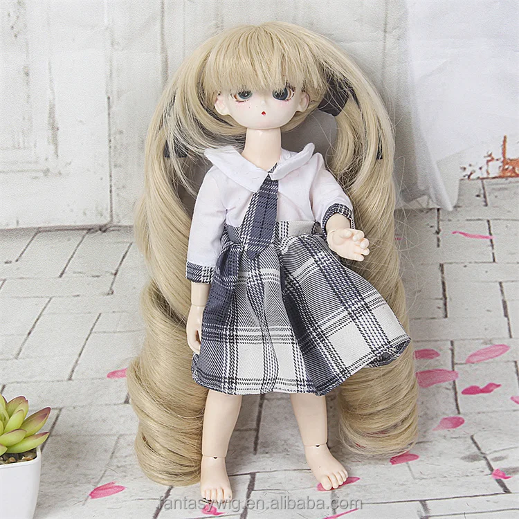 Wholesale Fancy 15inch Good Quality Bjd 1/6 Anime Doll Wigs Long Curly Brown Full Wigs With Double Ponytails