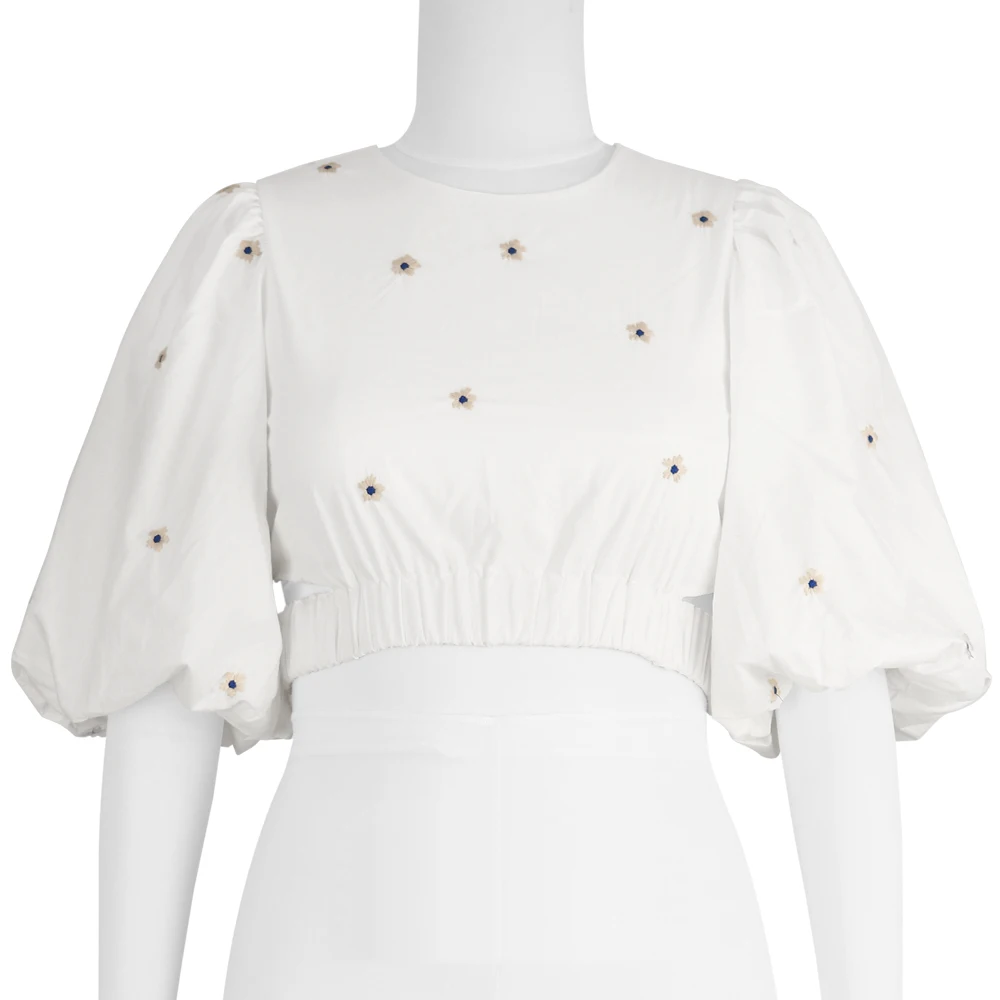 Женские повседневные блузки с коротким рукавом белые маленькие цветочным принтом 2022