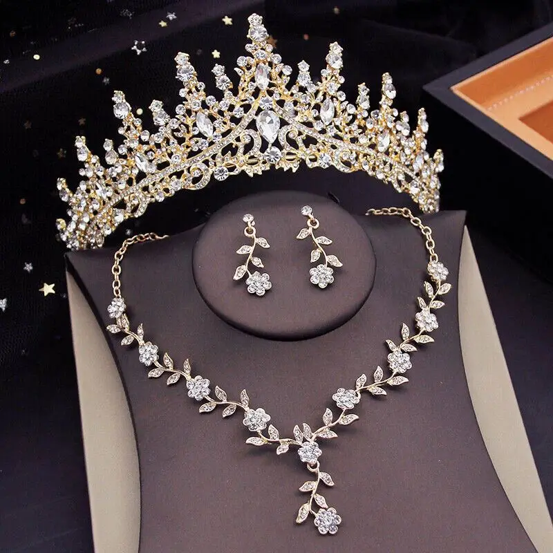 Women Crown Flower Choker Necklace Earring Jewel Gorgeous Tiaras Bridal Jewelry Sets Crown
