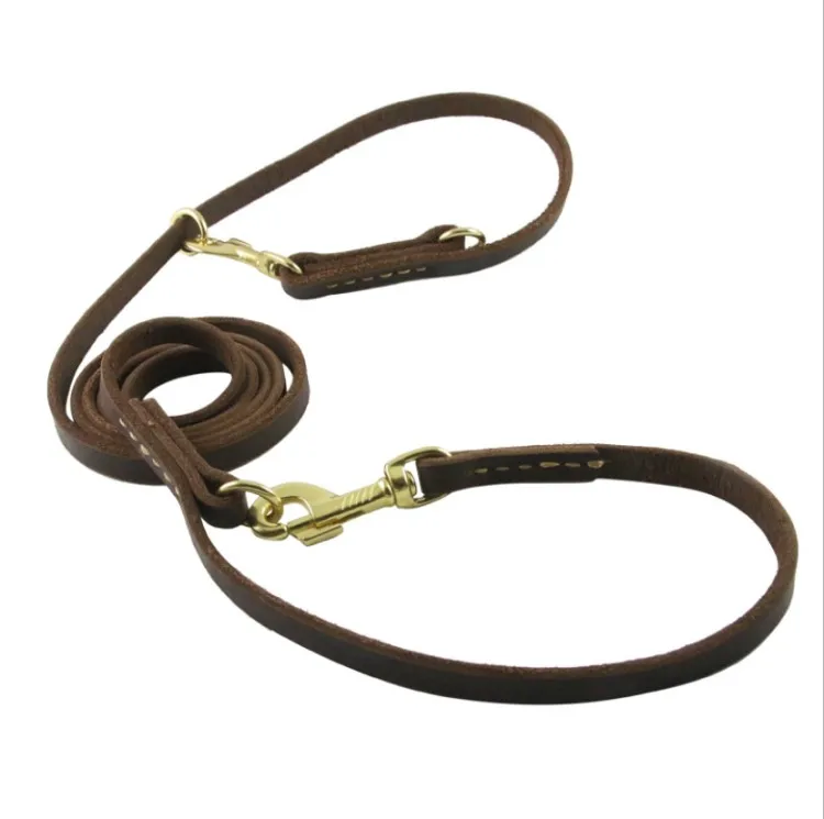 Adjustable Soft dog lead Two Handle Leather Pet Dog  Leash Handmade Cowhide running hands free Dog Leash